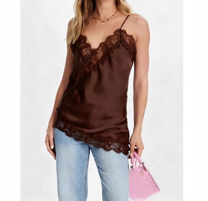 Asymmetrical Camisole with Lace Trim and V-Neck