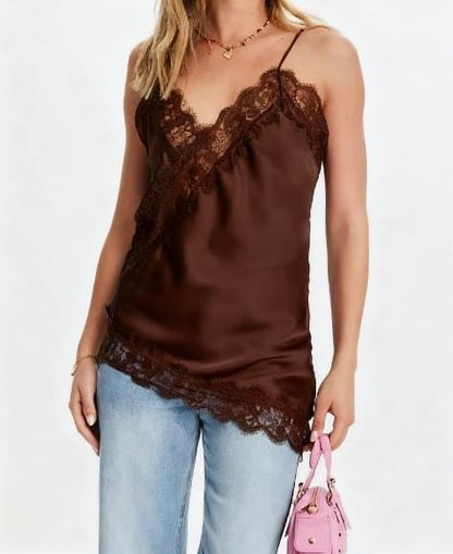 Asymmetrical Camisole with Lace Trim and V-Neck