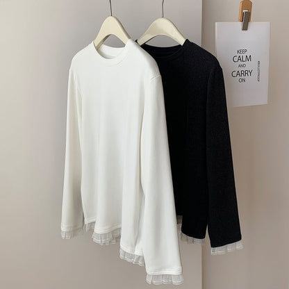 Crew Neck Ruffle Panel Long-Sleeve Shirt