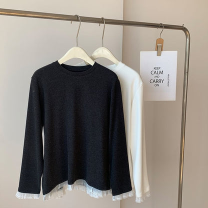 Crew Neck Ruffle Panel Long-Sleeve Shirt