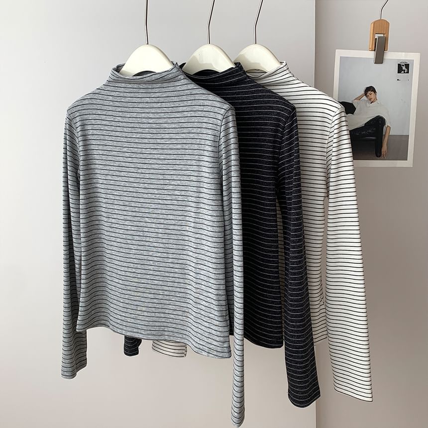 Mock Neck Striped Long-Sleeve Pullover