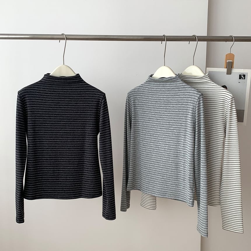 Mock Neck Striped Long-Sleeve Pullover