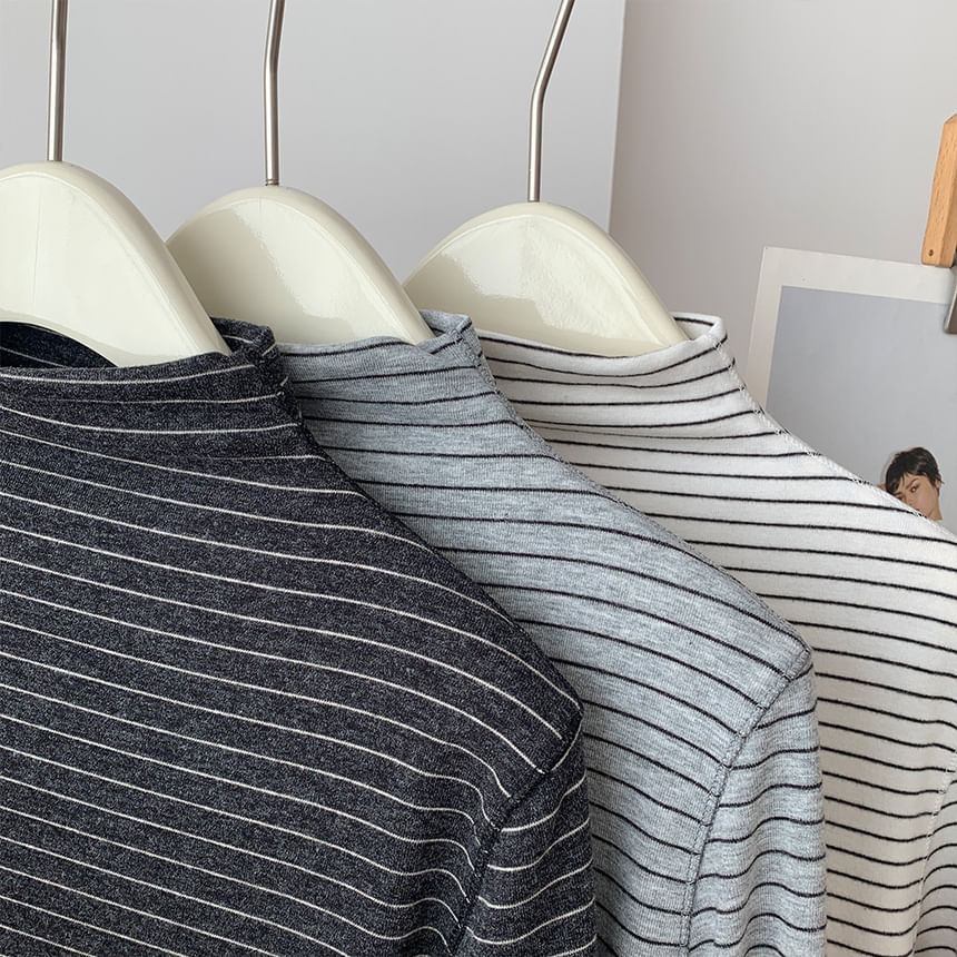 Mock Neck Striped Long-Sleeve Pullover