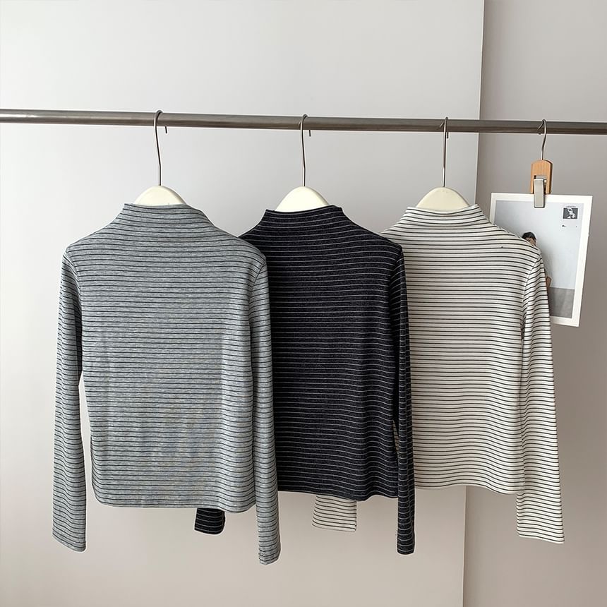 Mock Neck Striped Long-Sleeve Pullover