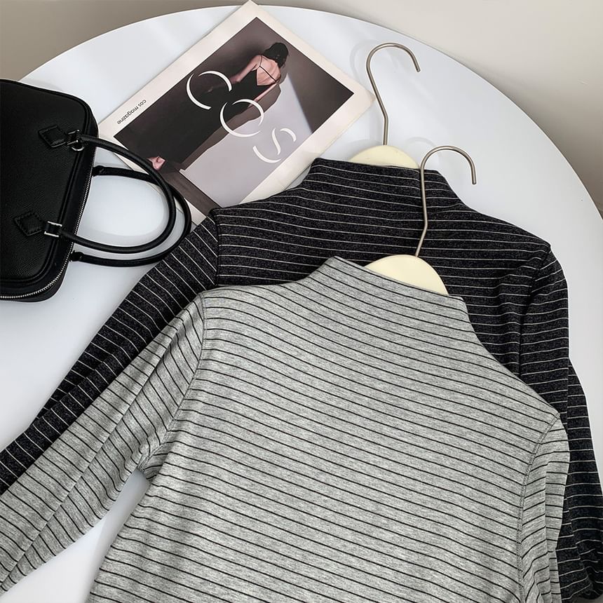 Mock Neck Striped Long-Sleeve Pullover
