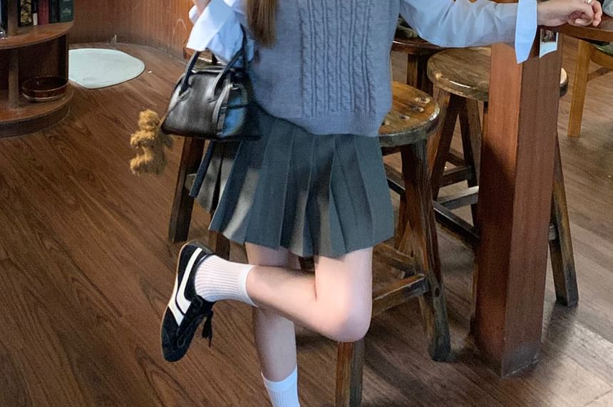 Pleated Mini Skirt Outfit with Shirt and Vest