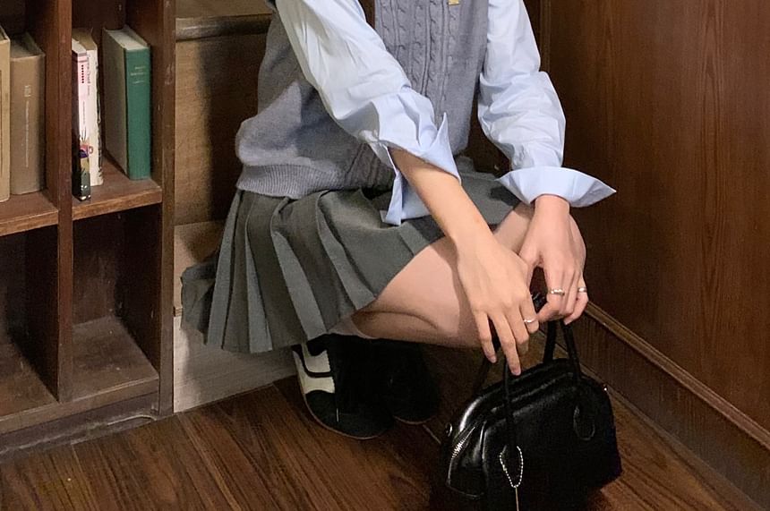 Pleated Mini Skirt Outfit with Shirt and Vest