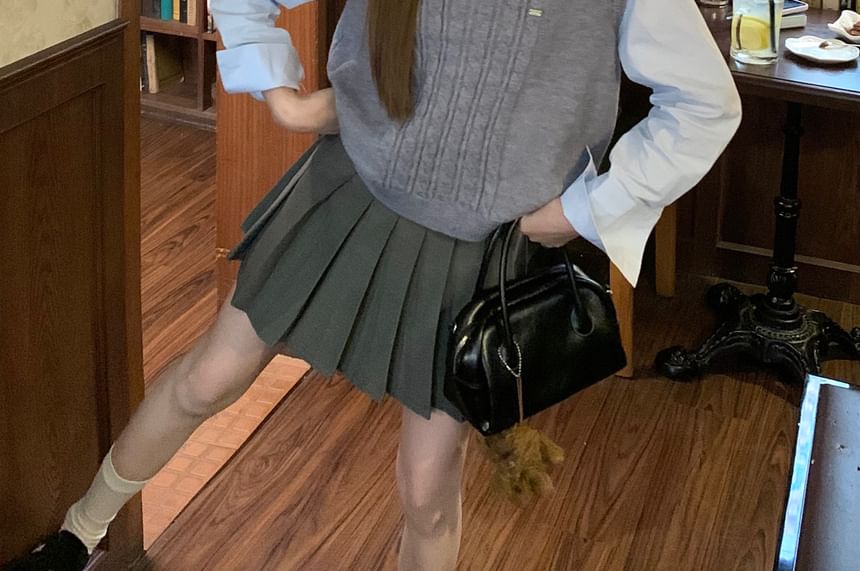 Pleated Mini Skirt Outfit with Shirt and Vest