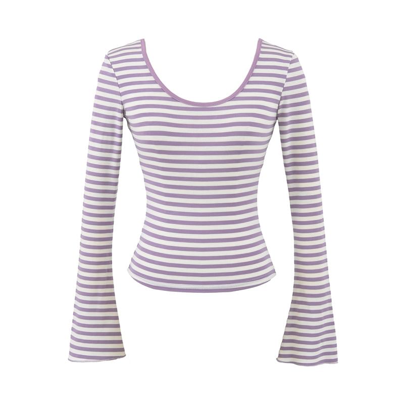 Flared Sleeve Scoop Neck Striped Tee