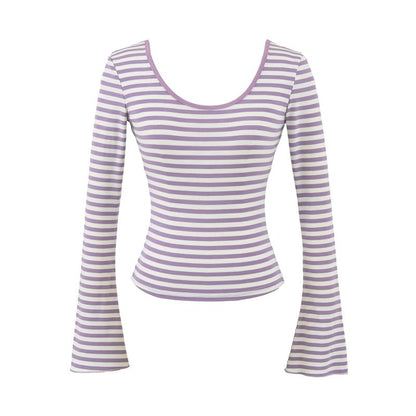 Flared Sleeve Scoop Neck Striped Tee