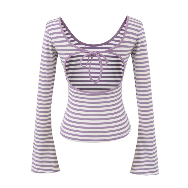 Flared Sleeve Scoop Neck Striped Tee