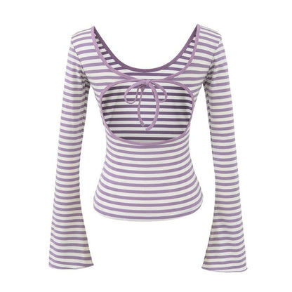 Flared Sleeve Scoop Neck Striped Tee