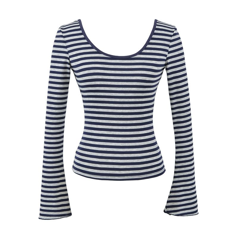 Flared Sleeve Scoop Neck Striped Tee