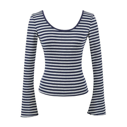 Flared Sleeve Scoop Neck Striped Tee