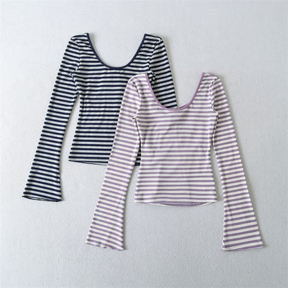 Flared Sleeve Scoop Neck Striped Tee