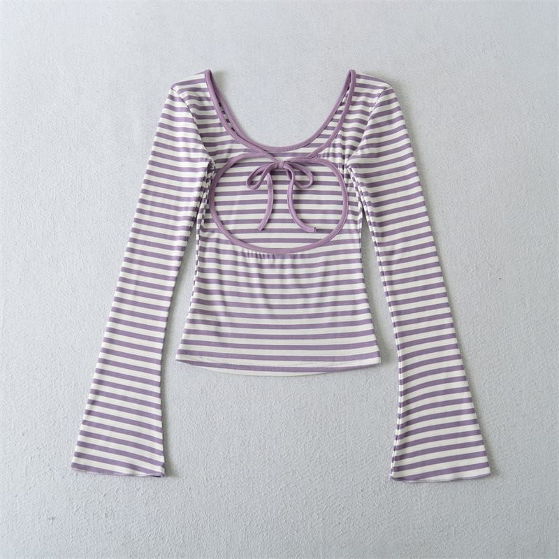 Flared Sleeve Scoop Neck Striped Tee