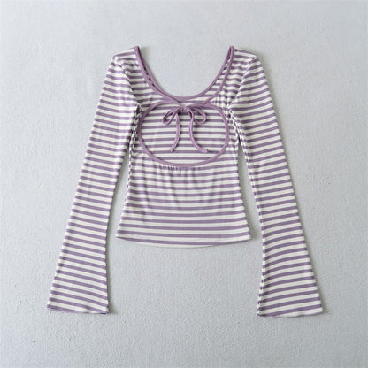 Flared Sleeve Scoop Neck Striped Tee