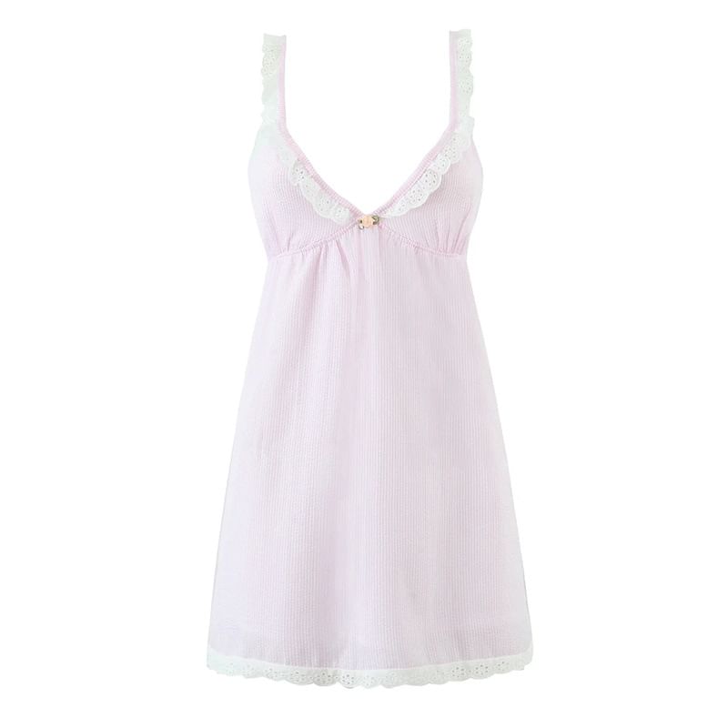 Spaghetti Strap V-Neck Pinstriped Lace Trim Mini Smock Dress