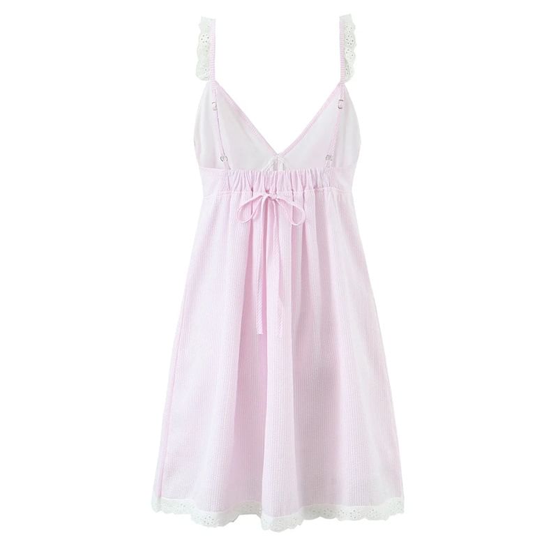 Spaghetti Strap V-Neck Pinstriped Lace Trim Mini Smock Dress