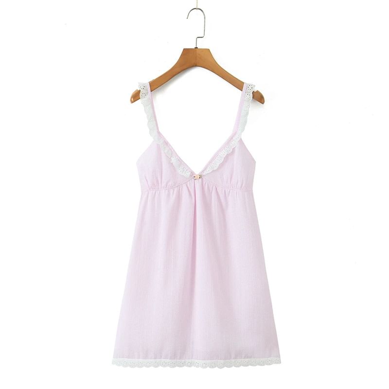Spaghetti Strap V-Neck Pinstriped Lace Trim Mini Smock Dress