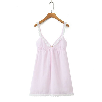 Spaghetti Strap V-Neck Pinstriped Lace Trim Mini Smock Dress