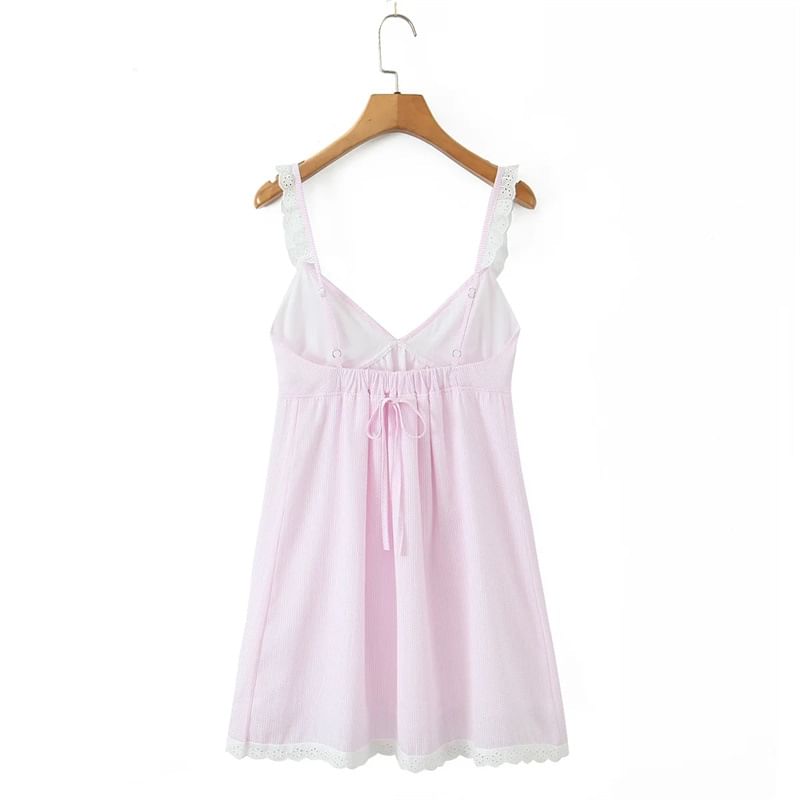 Spaghetti Strap V-Neck Pinstriped Lace Trim Mini Smock Dress