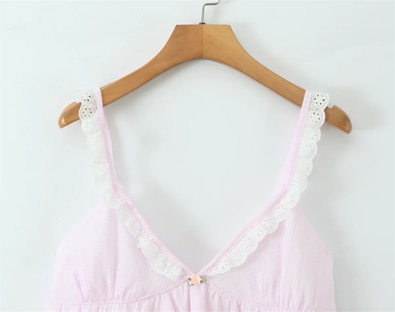 Spaghetti Strap V-Neck Pinstriped Lace Trim Mini Smock Dress