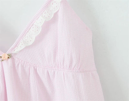 Spaghetti Strap V-Neck Pinstriped Lace Trim Mini Smock Dress