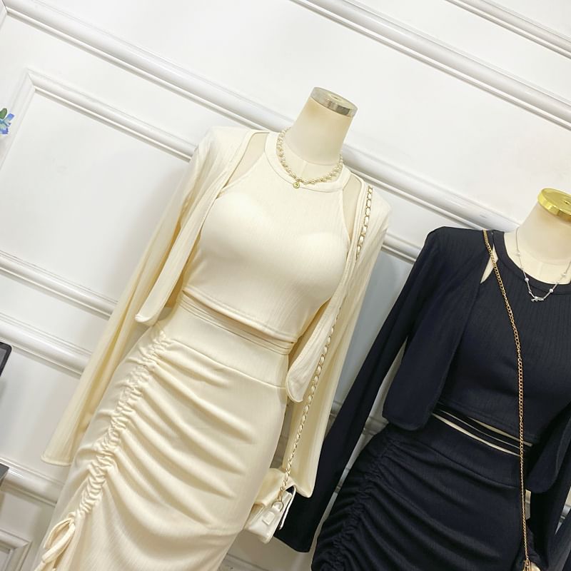 Halter Crop Top with Pencil Skirt and Jacket Set