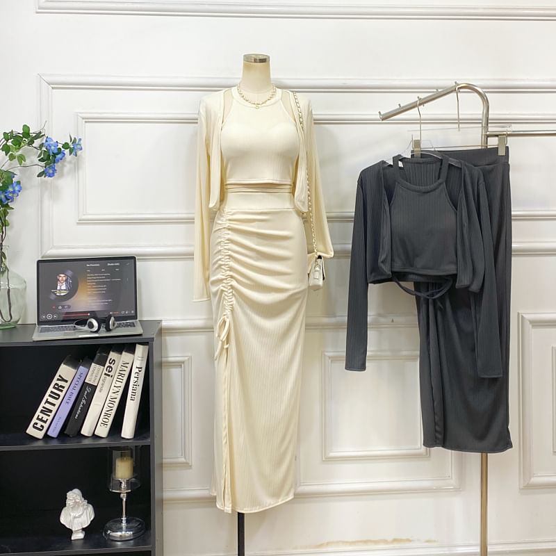 Halter Crop Top with Pencil Skirt and Jacket Set