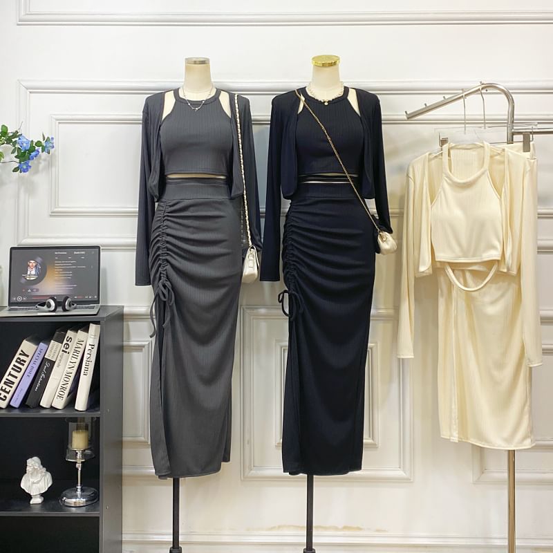 Halter Crop Top with Pencil Skirt and Jacket Set