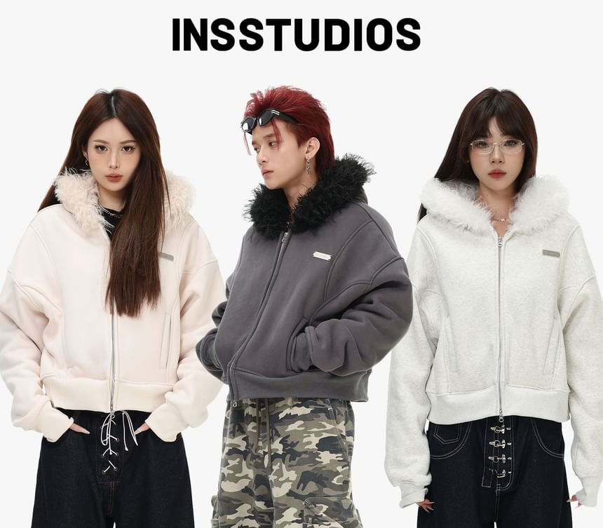Unisex Faux Fur Panel Zip-Up Hoodie