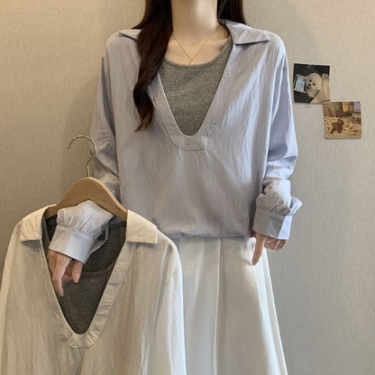 Two-Tone Collared Blouse with Mock Layered Look