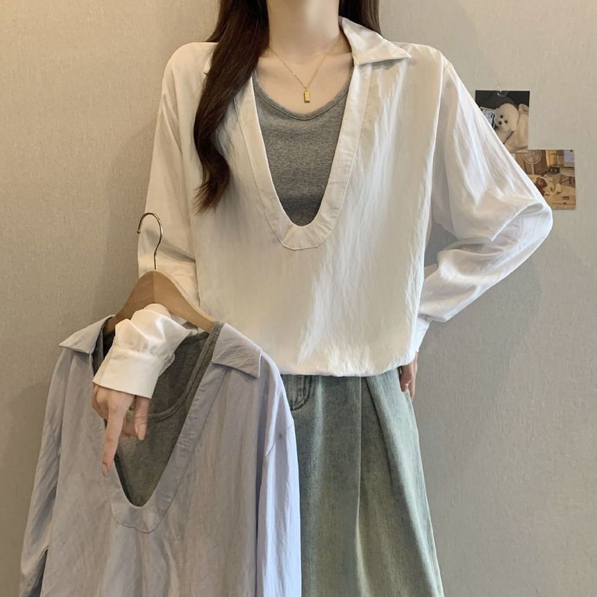 Two-Tone Collared Blouse with Mock Layered Look