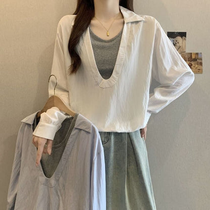 Two-Tone Collared Blouse with Mock Layered Look