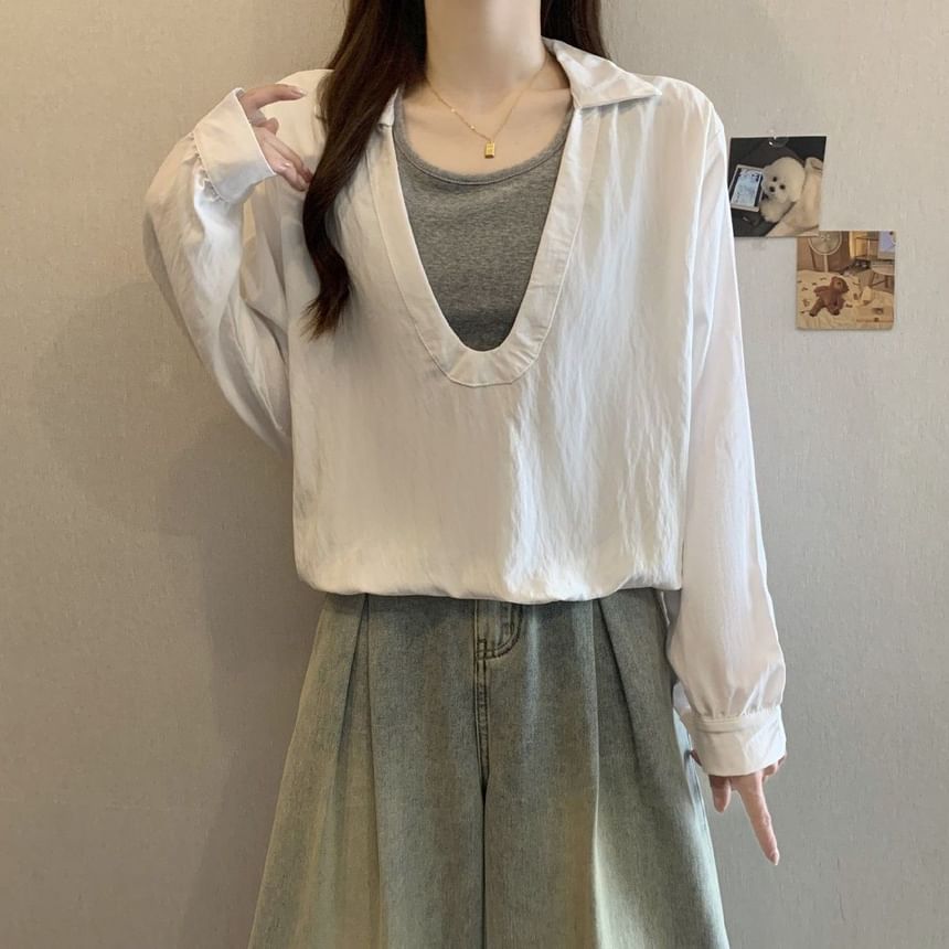 Two-Tone Collared Blouse with Mock Layered Look