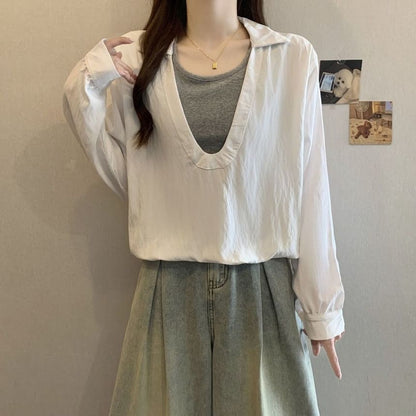 Two-Tone Collared Blouse with Mock Layered Look