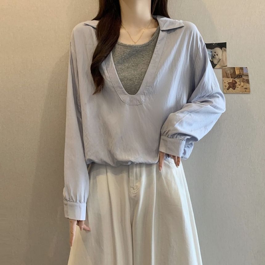 Two-Tone Collared Blouse with Mock Layered Look