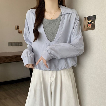 Two-Tone Collared Blouse with Mock Layered Look