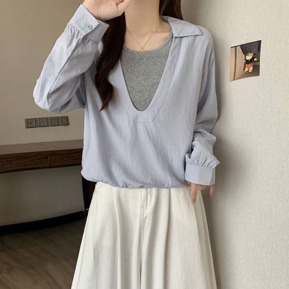 Two-Tone Collared Blouse with Mock Layered Look