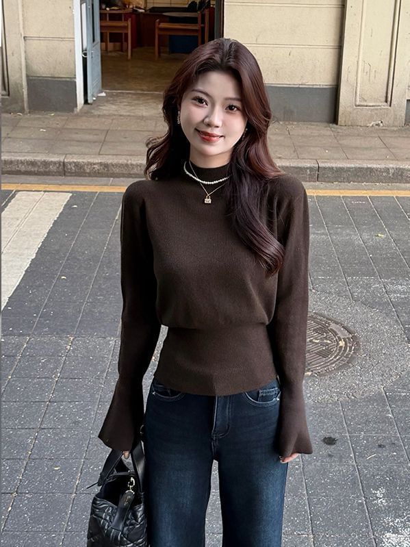 Plain Knit Pullover with Mock Neck