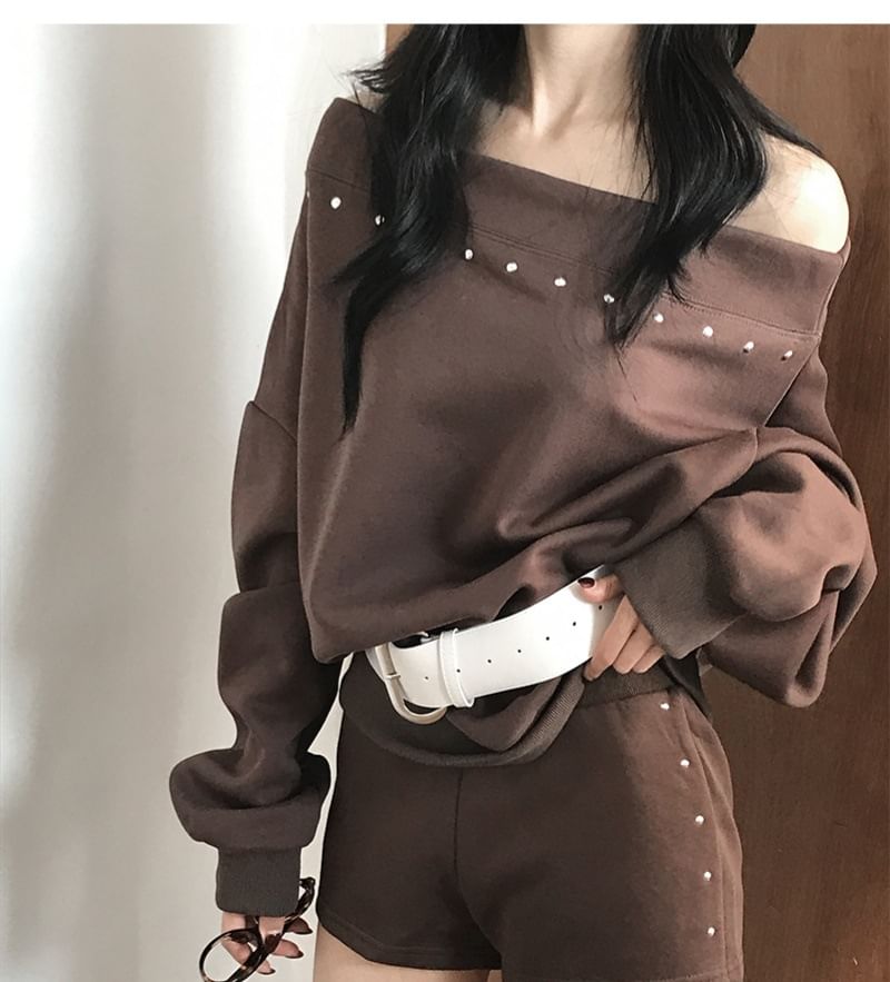 Studded Off-Shoulder Sweatshirt with High-Rise Shorts Set