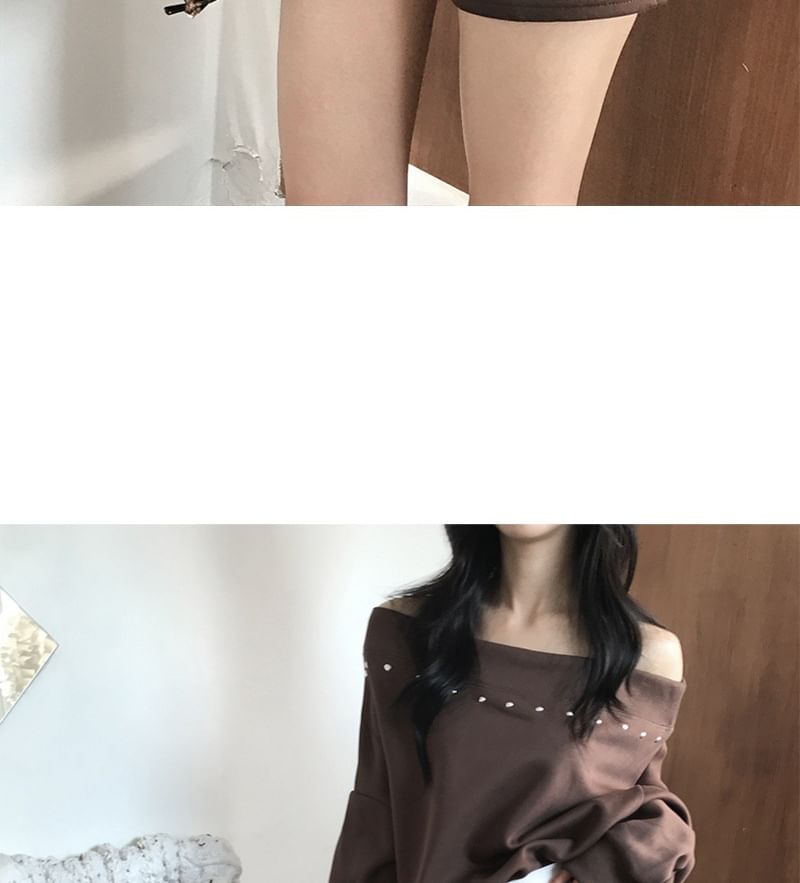 Studded Off-Shoulder Sweatshirt with High-Rise Shorts Set
