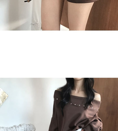 Studded Off-Shoulder Sweatshirt with High-Rise Shorts Set