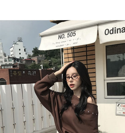 Studded Off-Shoulder Sweatshirt with High-Rise Shorts Set