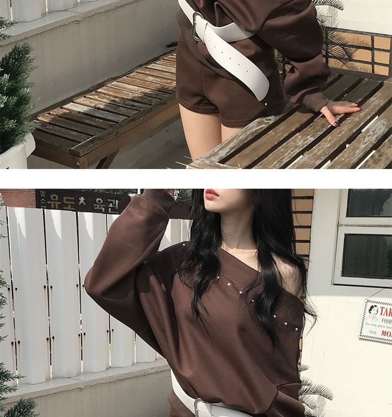 Studded Off-Shoulder Sweatshirt with High-Rise Shorts Set
