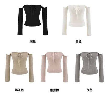 Perforated Crop Knit Top with Off-Shoulder Sleeves