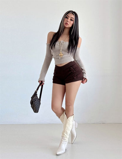 Perforated Crop Knit Top with Off-Shoulder Sleeves