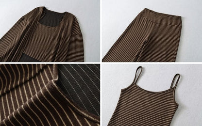 Striped Cardigan Set with Crop Cami and Wide-Leg Trousers