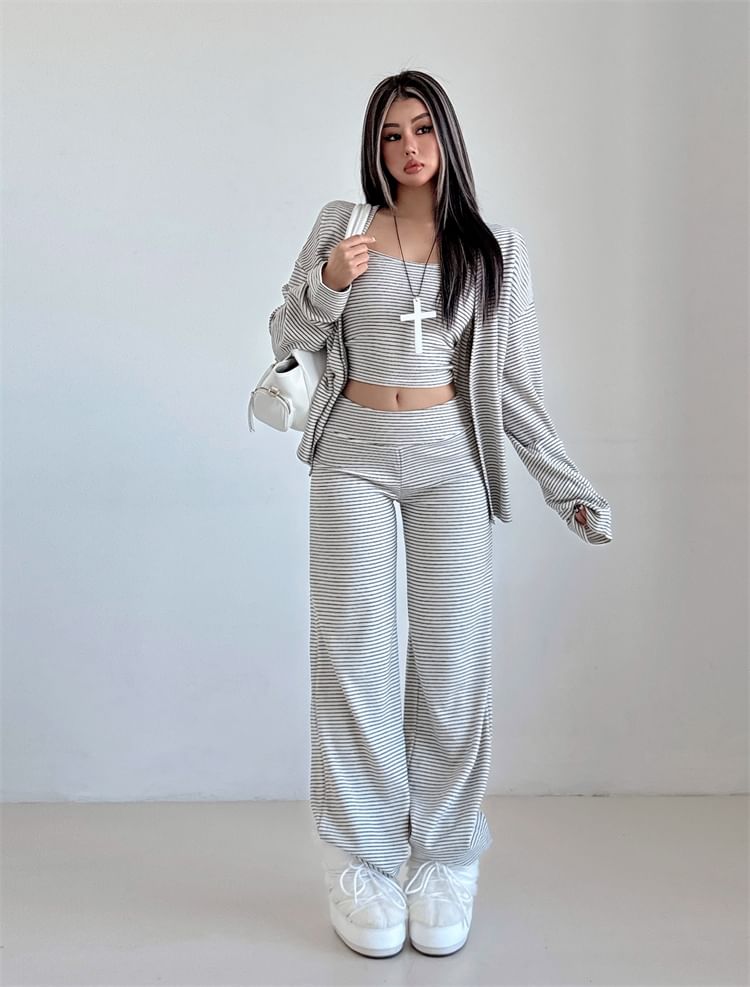 Striped Cardigan Set with Crop Cami and Wide-Leg Trousers